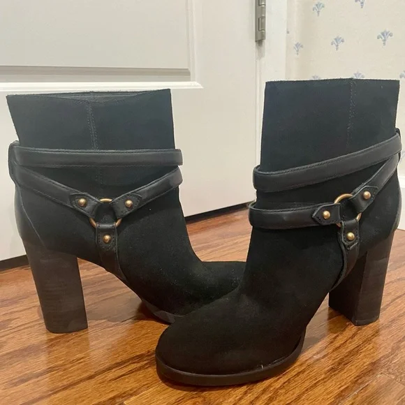 UGG Black Suede Ankle Booties with Gold-Tone Buckle Detail - Picture 2 of 5